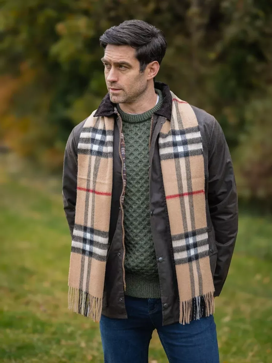 Wool And Cashmere Unisex Scarf Beige Check With Red