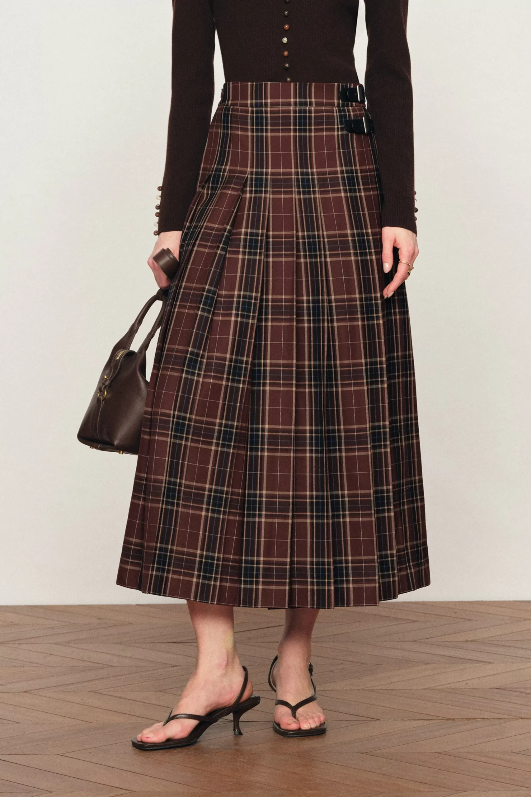 Yehudit Plaid Pleated Wool Maxi Skirt in Wool Blend
